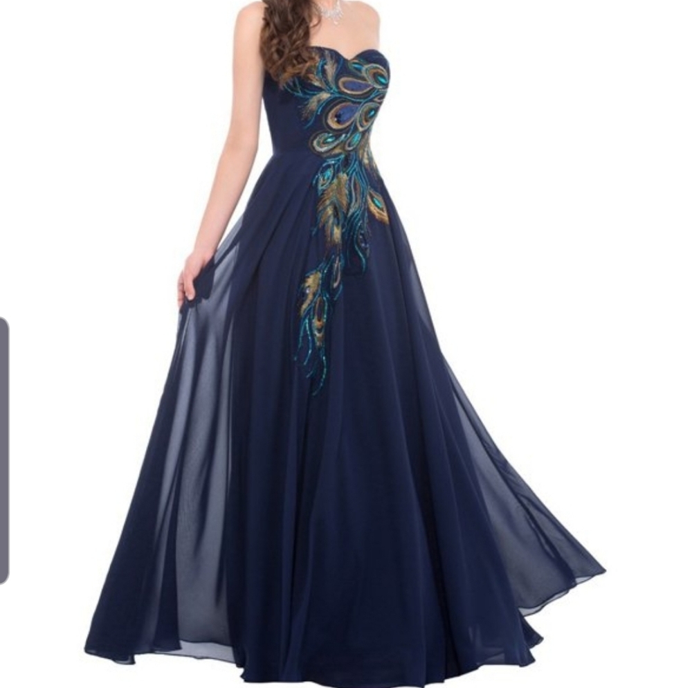 NWT Vicky and Lucas Navy Peacock Feather Sequin Gown S